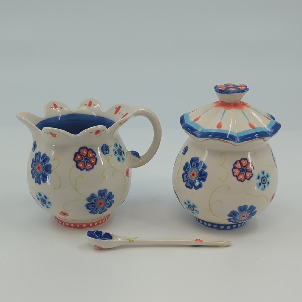 Anthropologie Covered Sugar, Sugar Spoon, and Creamer Set - Picture 4 of 8